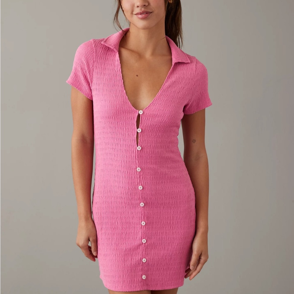 AE Smocked Button-Front Polo Mini Dress
